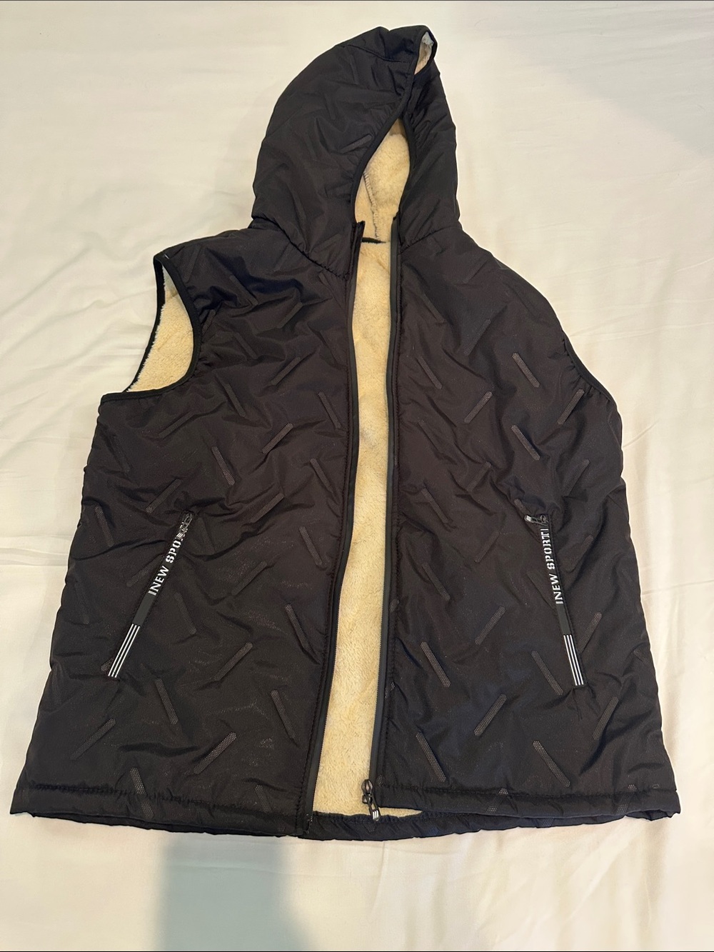 Black Hooded Quilted Vest with Sherpa Lining